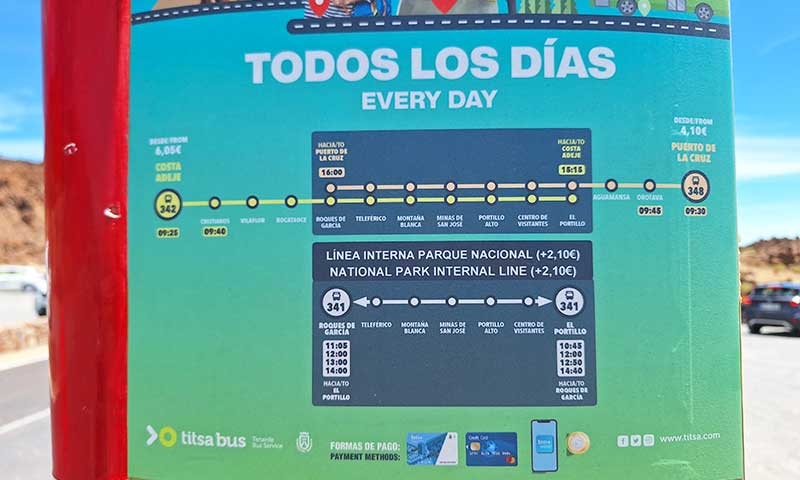 horario buses al pareja paseando en el parque nacional del Teide