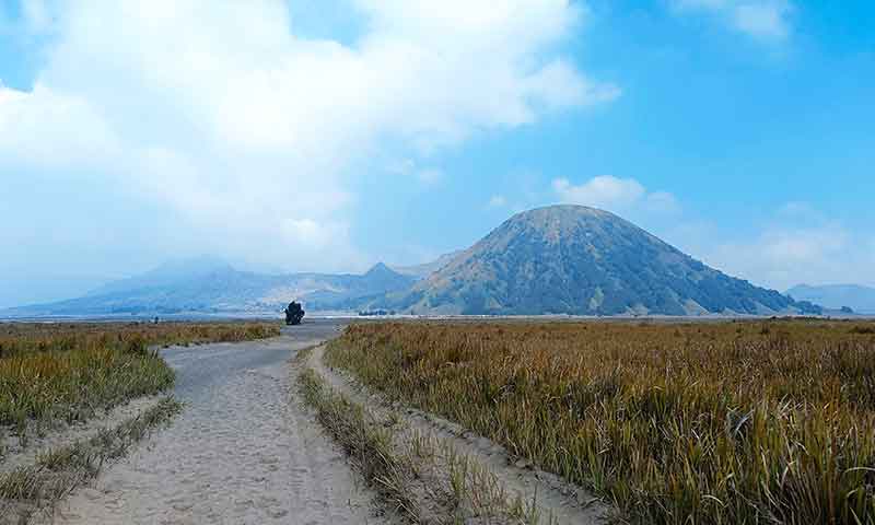 Vista del sendero y al fondo el Monte Bromo en Indonesia